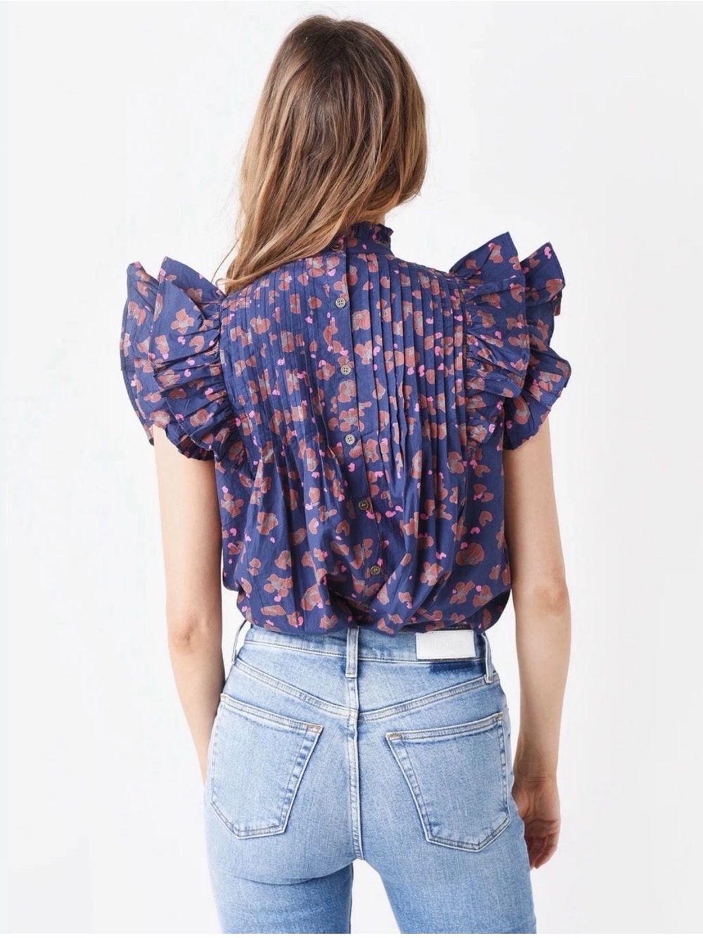 Oliphant Women's navy Pintuck Ruffle Blouse XS bohemian boho-chic feminine - Picture 2 of 9